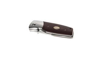 Pocket knife with wooden handle. Folding knife with metal clip. Jackknife. Isolate on a white back. photo