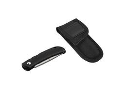 Pocket folding knife isolate on white back. Compact metal sharp knife with a folding blade. photo