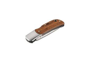 Compact metal sharp knife with a folding blade. Pocket folding knife with wooden handle isolate on white back photo