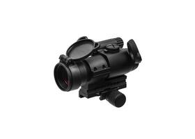 modern black optical scope for weapon isolated on whited. sight scope isolated on white back. photo