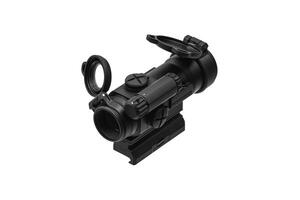 modern black optical scope for weapon isolated on whited. sight scope isolated on white back. photo