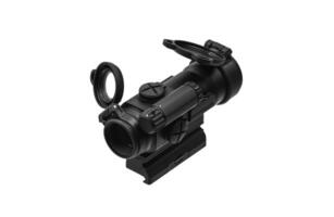 modern black optical scope for weapon isolated on whited. sight scope isolated on white back. photo