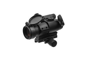 modern black optical scope for weapon isolated on whited. sight scope isolated on white back. photo