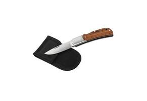 Compact metal sharp knife with a folding blade. Pocket folding knife with wooden handle isolate on white back photo