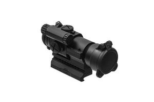 modern black optical scope for weapon isolated on whited. sight scope isolated on white back. photo