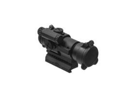 modern black optical scope for weapon isolated on whited. sight scope isolated on white back. photo