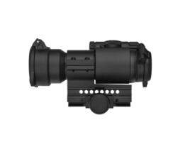 modern black optical scope for weapon isolated on whited. sight scope isolated on white back. photo