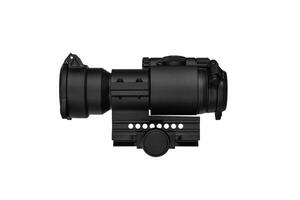 modern black optical scope for weapon isolated on whited. sight scope isolated on white back. photo