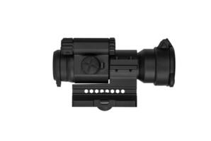modern black optical scope for weapon isolated on whited. sight scope isolated on white back. photo