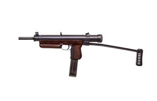 Vintage submachine gun isolate on white background. Weapons for the army and special forces of the past. Short automatic submachine gun. photo