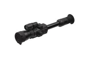 modern black optical scope for weapon isolated on whited. sight scope isolated on white back. photo