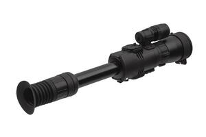 modern black optical scope for weapon isolated on whited. sight scope isolated on white back. photo