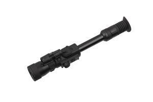 modern black optical scope for weapon isolated on whited. sight scope isolated on white back. photo