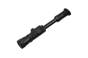 modern black optical scope for weapon isolated on whited. sight scope isolated on white back. photo