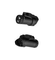 Modern LED flashlight with weapon mount. Underbarrel tactical flashlight isolate on white back. photo