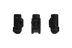 Modern LED flashlight with weapon mount. Underbarrel tactical flashlight isolate on white back. photo