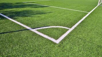 Artificial football turf with a white dividing line. Texture of Perfect green lawn on the football field. photo