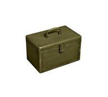 Old metal military box isolate on a white background. Green rusty drawer with handle and lock. photo