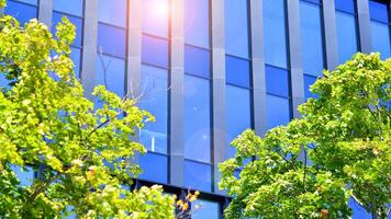 City life, urban landscape and ecology. Modern office complex with glass facades and smooth lines against backdrop of green trees, concept of modern architecture. Organically building into nature. photo