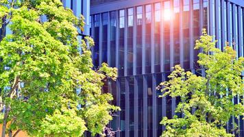City life, urban landscape and ecology. Modern office complex with glass facades and smooth lines against backdrop of green trees, concept of modern architecture. Organically building into nature. photo