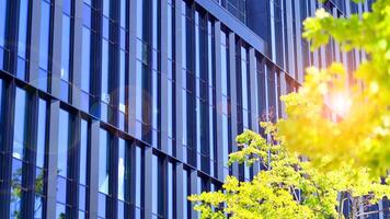 City life, urban landscape and ecology. Modern office complex with glass facades and smooth lines against backdrop of green trees, concept of modern architecture. Organically building into nature. photo