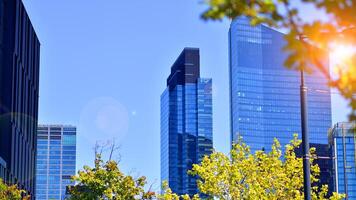 City life, urban landscape and ecology. Modern office complex with glass facades and smooth lines against backdrop of green trees, concept of modern architecture. Organically building into nature. photo