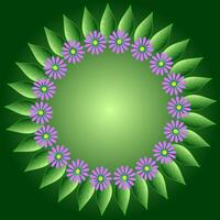 Round frame of leaves and flowers on a green background vector