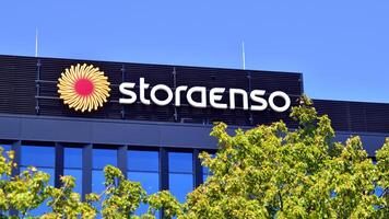 Warsaw, Poland. 31 July 2024. Wola business district in the city center with office centers and modern buildings. Urban landscape. Company signboard Stora Enso. photo