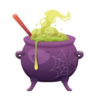 Witch's cauldron with poisonous green potion. Gurgling liquid in pot. illustration on white background vector
