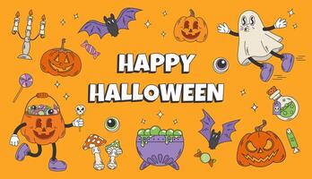 Groovy retro halloween set. Flying ghost, pumpkin with sweets, bats, cauldron with potion. vector