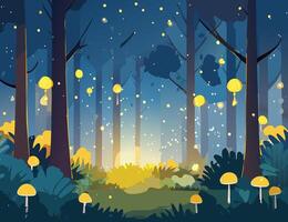 Night forest with lanterns and trees illustration in flat style vector