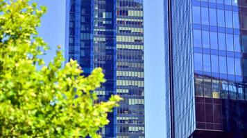 City life, urban landscape and ecology. Modern office complex with glass facades and smooth lines against backdrop of green trees, concept of modern architecture. Organically building into nature. photo