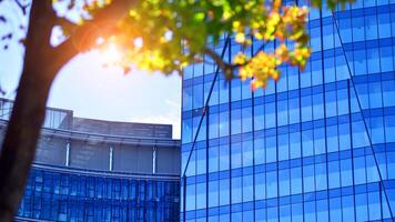 City life, urban landscape and ecology. Modern office complex with glass facades and smooth lines against backdrop of green trees, concept of modern architecture. Organically building into nature. photo