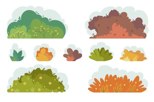 Cartoon bushes with summer and fall colors in cartoon style, minimal hand drawn vegetation design