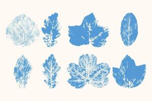 Foliage stamps in blue ink color. Autumn leaves isolated on white background vector