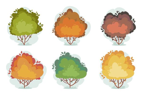 Green cartoon bushes with flowers, cute vegetation, forest minimal bushes isolated on white background