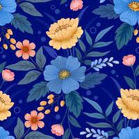 Blooming flowers and leaf on blue color background seamless pattern. vector