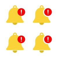 Warning notification bell icon in flat design. Emergency alert sign. Exclamation mark symbol with bells vector