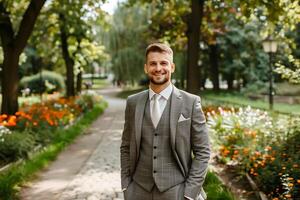A man in a gray suit smiles while standing on a path in a park photo