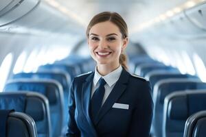 A smiling flight attendant stands in the aisle of an airplane photo