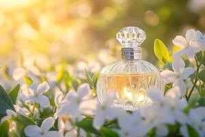 A perfume bottle sits amidst a bed of delicate white flowers bathed in warm sunlight photo