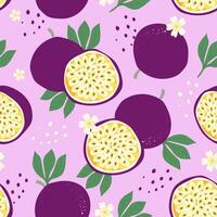 Seamless pattern passion fruit whole and slice on color background. vector