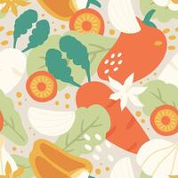 Seamless pattern vegetables, carrot, radish, garlic, bell pepper on colour background. vector