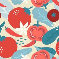 Seamless pattern vegetables, tomato, chili, cabbage on colour background. vector