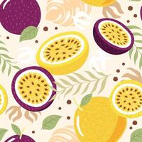 Seamless pattern passion fruit whole and slice on background. vector