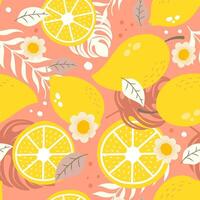 Seamless pattern lemon and mango on orange pastel background. vector