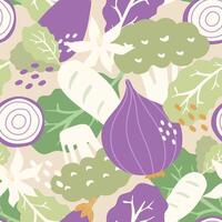 Seamless pattern vegetables, radish, onion, eggplant, cabbage on colour background. vector