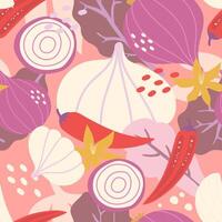 Seamless pattern vegetables, garlic, chili, onion, cabbage on colour background. vector
