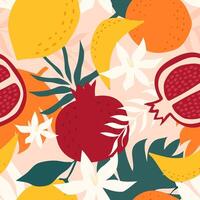 Seamless pattern fruits and leaf. Orange, Banana, Lemon, Pomegranate. vector