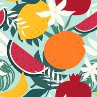 Seamless pattern fruits and leaf Orange, Banana, Lemon, Pomegranate, Watermelon. vector